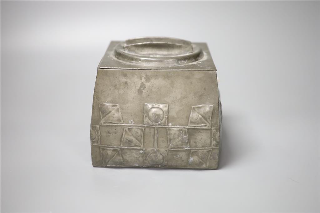 A Liberty Tudric biscuit tin, 16.5cm wide, 16.5cm high including cover